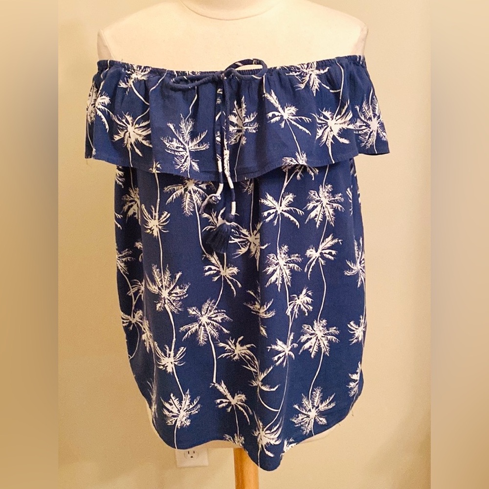 Style & Co Blue White Palm Tree Print SZ L Boho Casual Chic Beachy Summer Top - Picture 6 of 13